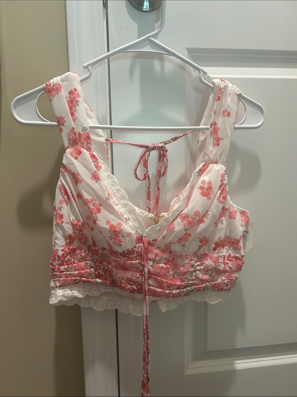 Altar'd State White and Pink Floral Lace-Trim Cropped Tank
